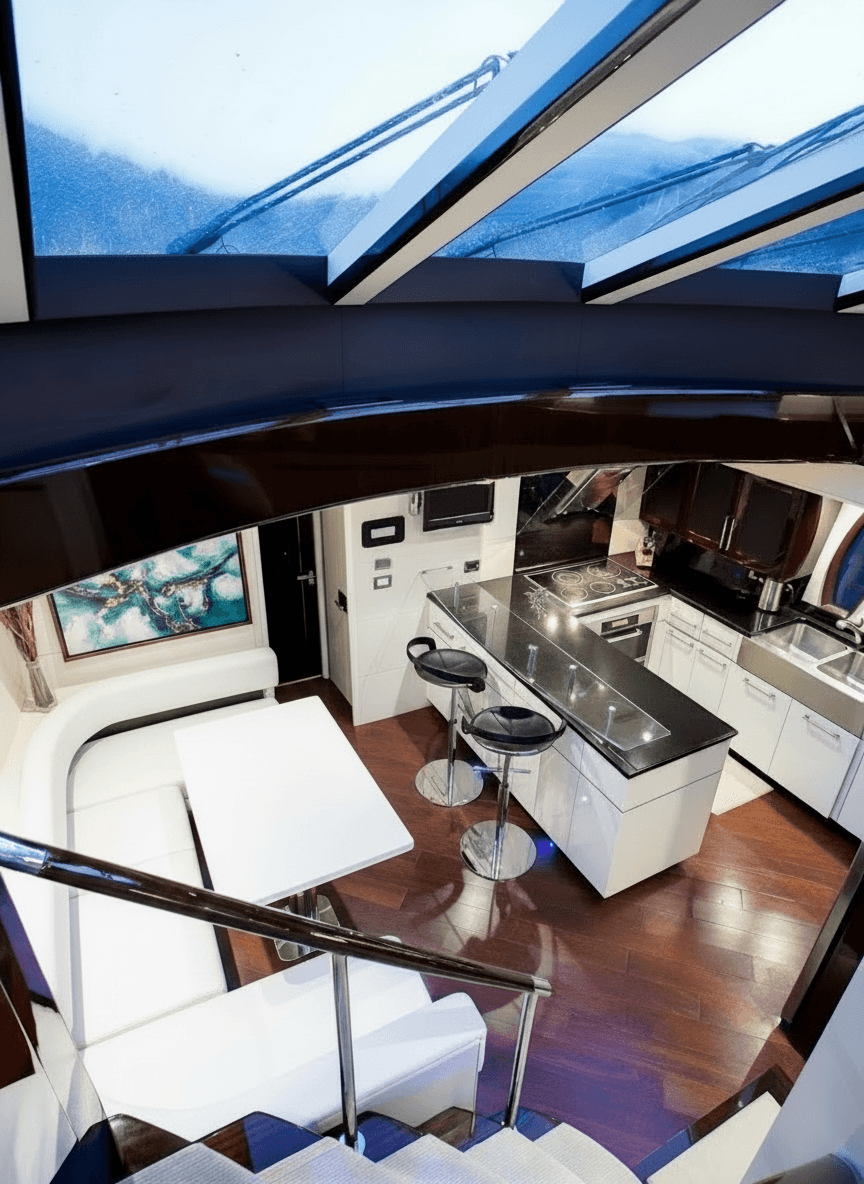 Salon, galley, and dining looking down from the upper deck